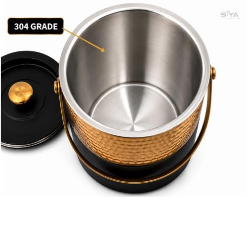 Premium Double Wall Ice Bucket with Lid & Tong, 1 Litre | Insulated Ice Holder with Hammered Gold Finish & Matte Black Base | for Bar, Home, Parties & Gifting
